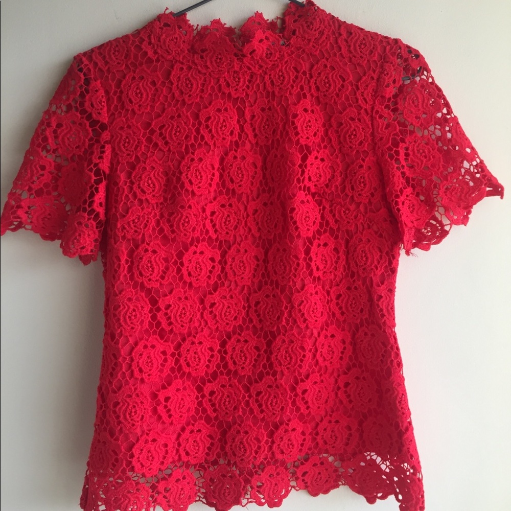 Pinky XS/S mock neck red crochet top lined